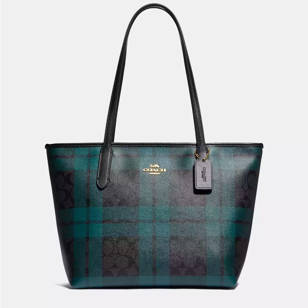 EUC Coach Zip Top Tote In Signature Canvas With Field Plaid Print